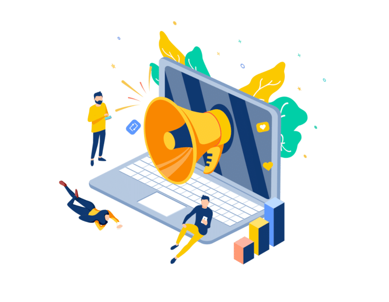 Profissionais de Marketing Digital vetorizados em um laptop com ferramentas e gráficos